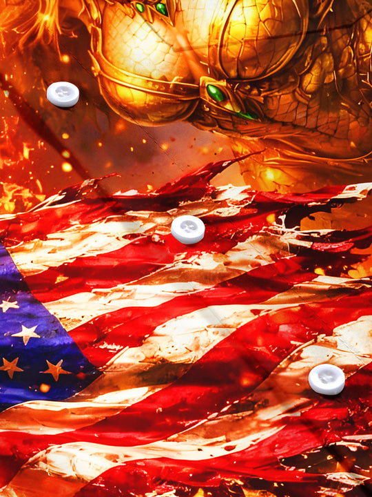 Men's dragon print American flag short sleeve shirt flat lay