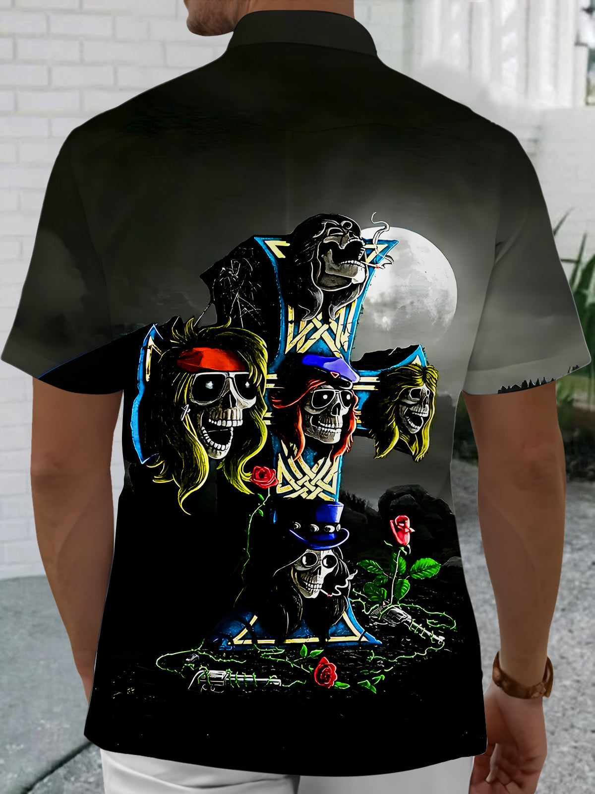 men's skeleton pattern shirt back view