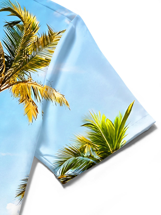 Men's elephant print Hawaiian short sleeve shirt close-up detail view