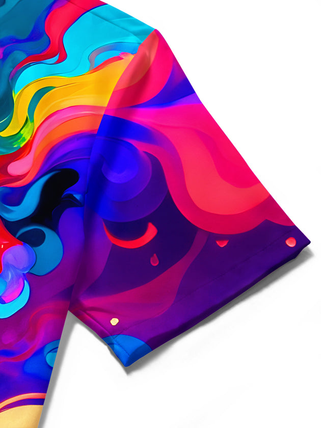 Men's colorful tie dye genie lamp and castle pocket short sleeve shirt close-up detail