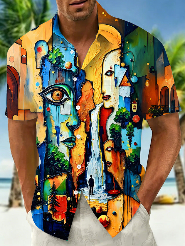 Men's abstract print pocket short sleeve shirt front view