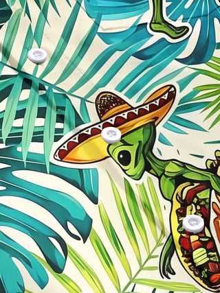 Men's short sleeve Hawaiian shirt flat lay showing alien taco leaf pattern
