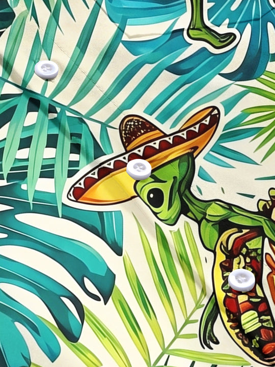 Men's short sleeve Hawaiian shirt flat lay showing alien taco leaf pattern