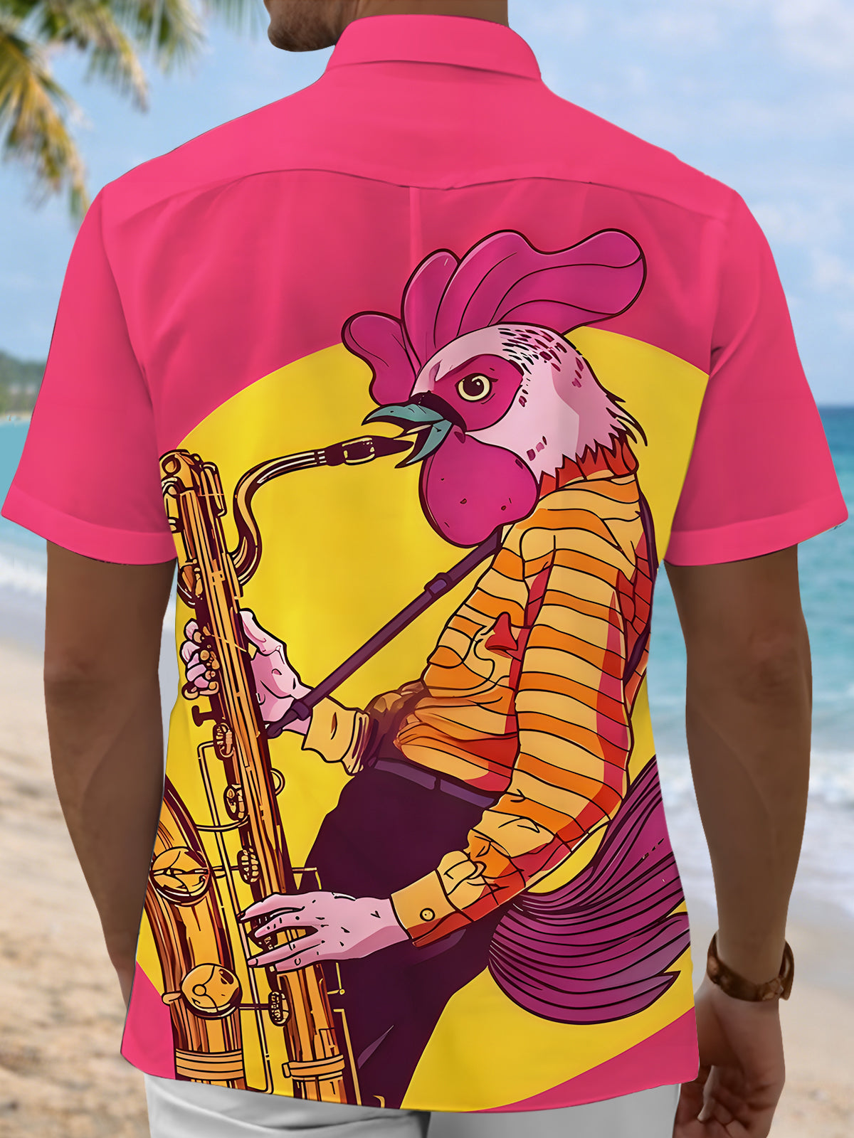 Men's short sleeve music print shirt back view