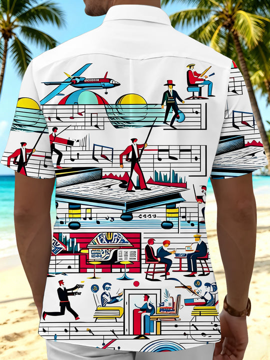 Men's back view Hawaiian music print short sleeve shirt