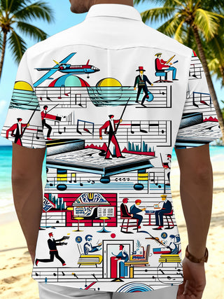 Men's back view Hawaiian music print short sleeve shirt