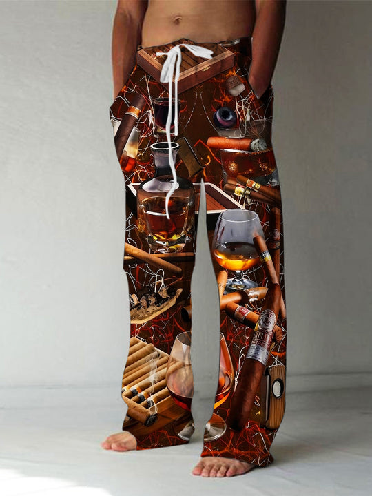 Men's Cigar Wine Print Casual Elastic Waist Pants Front View