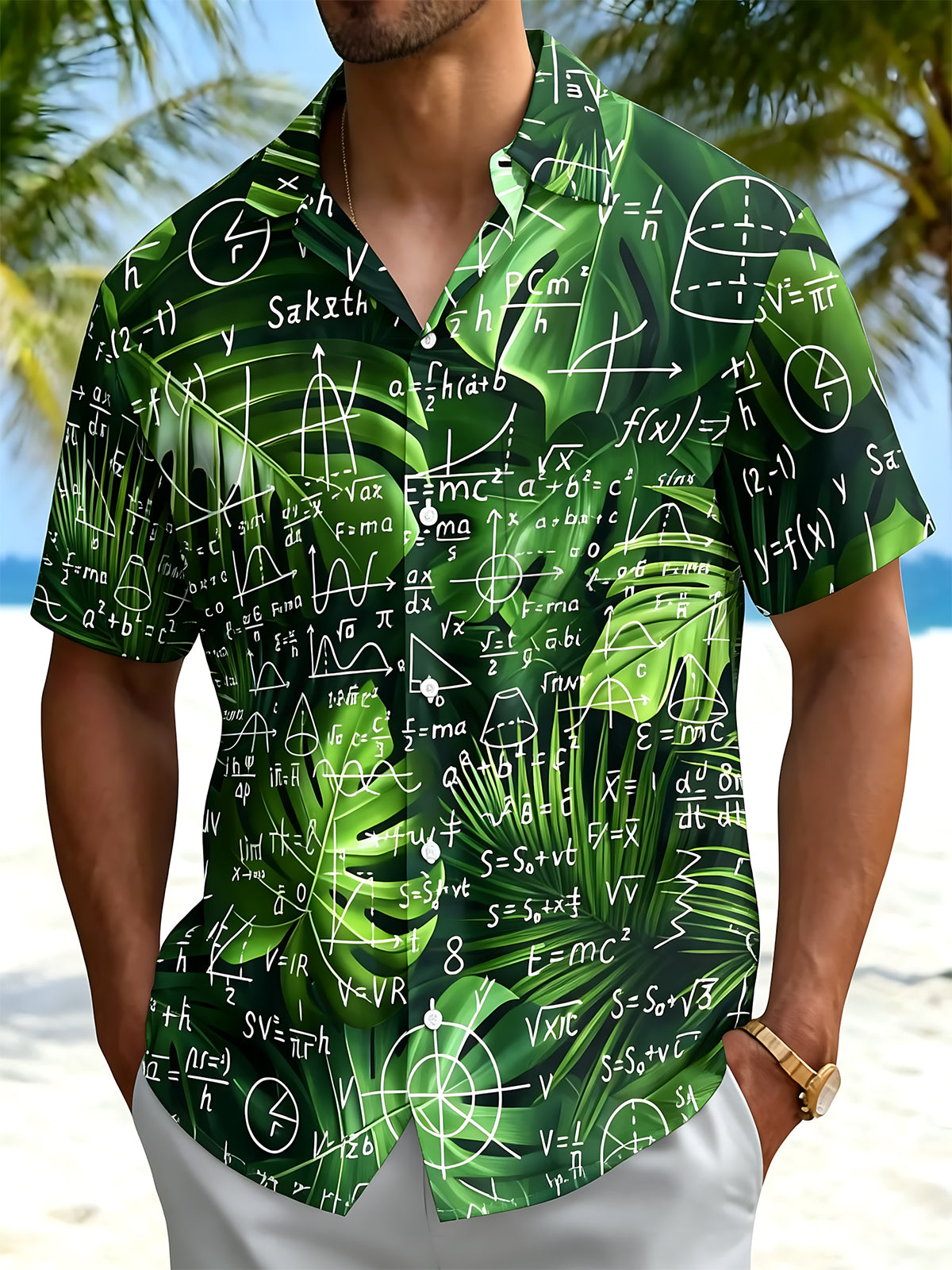 men's green Hawaiian shirt front view tropical beach vacation
