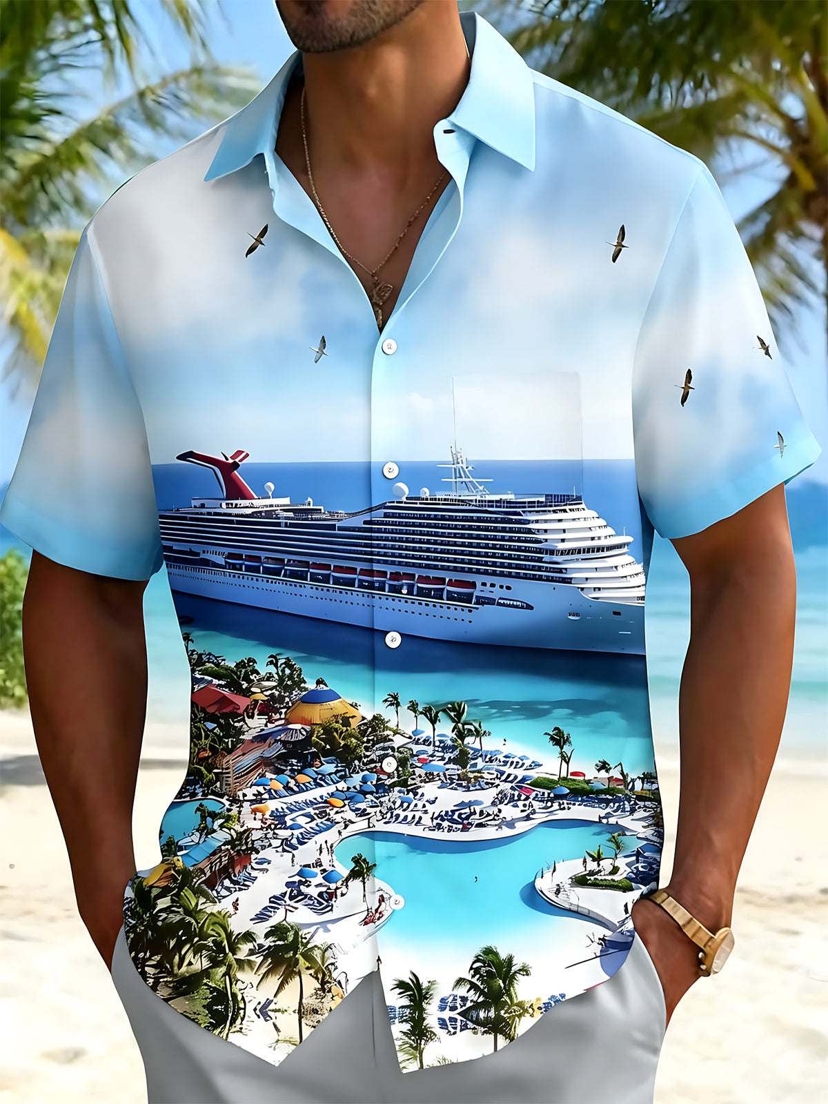Men's Hawaiian cruise short sleeve shirt front view vacation resort wear