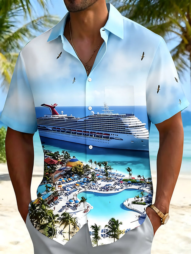 Men's Hawaiian cruise short sleeve shirt front view vacation resort wear