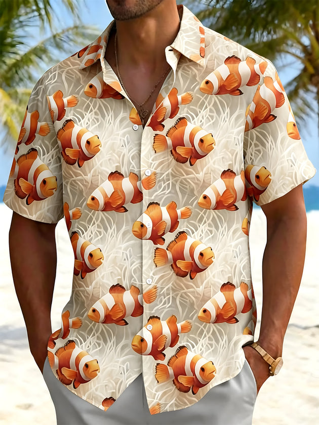 Men's Hawaiian clownfish print short sleeve shirt front view for tropical beach vacation
