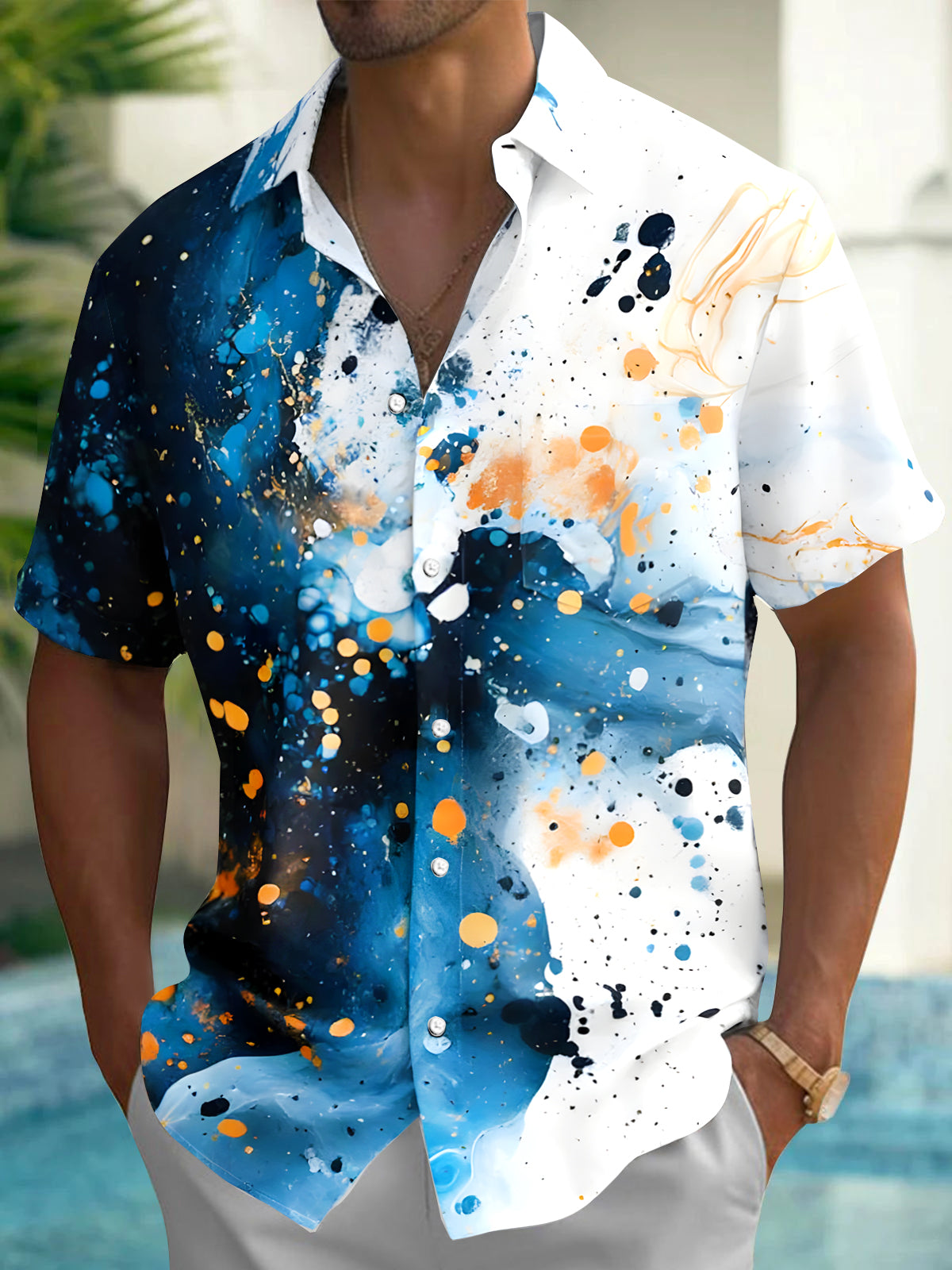 Men's abstract tie dye short sleeve shirt front view