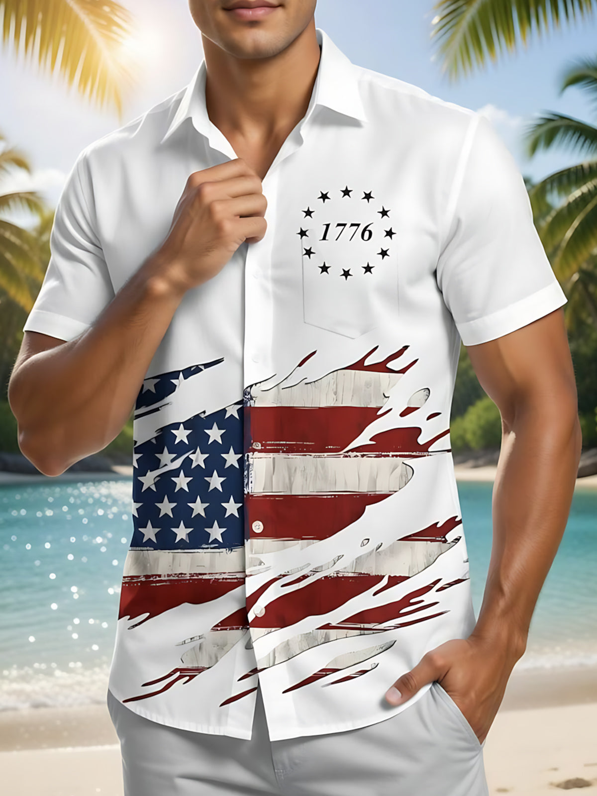Men's red white blue American flag print short sleeve shirt front view Independence Day