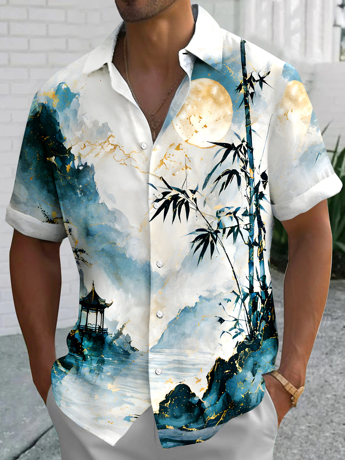 men's Hawaiian shirt front view tropical beach vacation