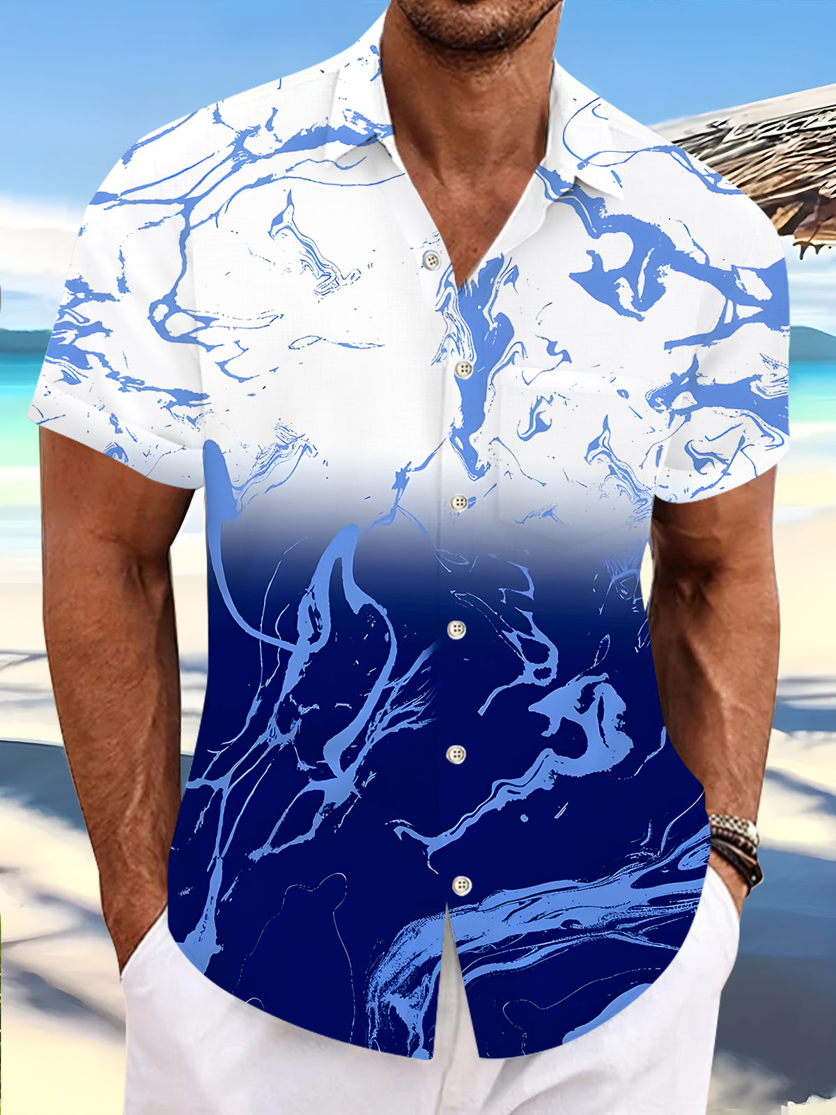 men's Hawaiian shirt front view tropical beach vacation