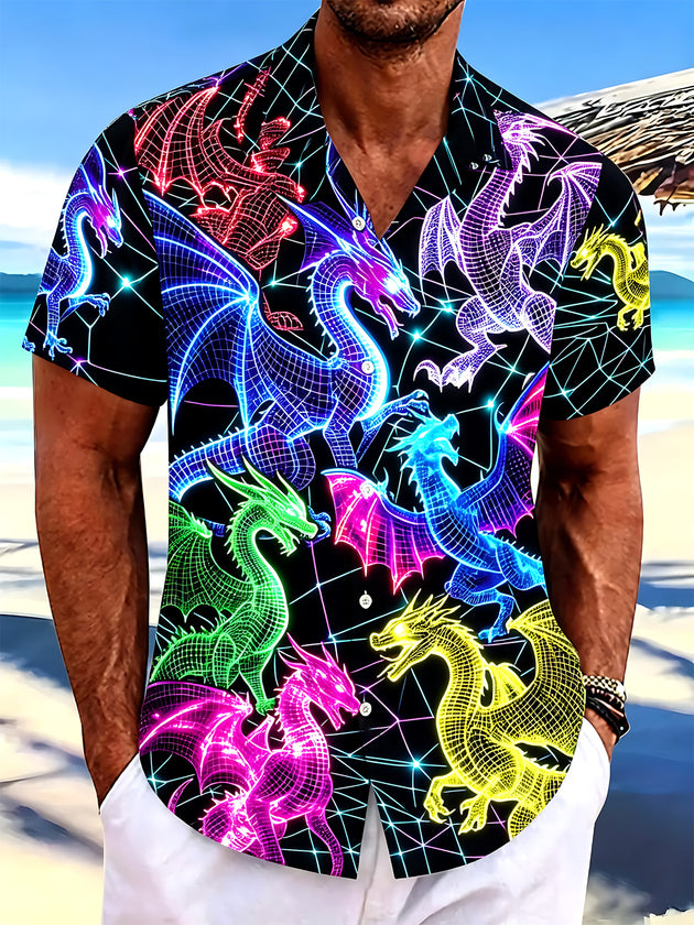 men's colorful dragon print shirt front view