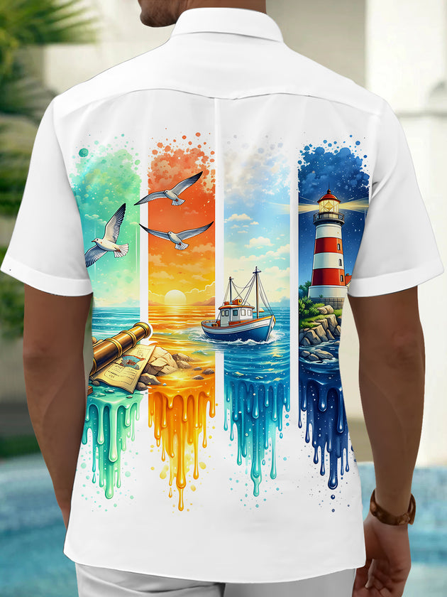 men's blue Hawaiian ocean print short sleeve shirt back view