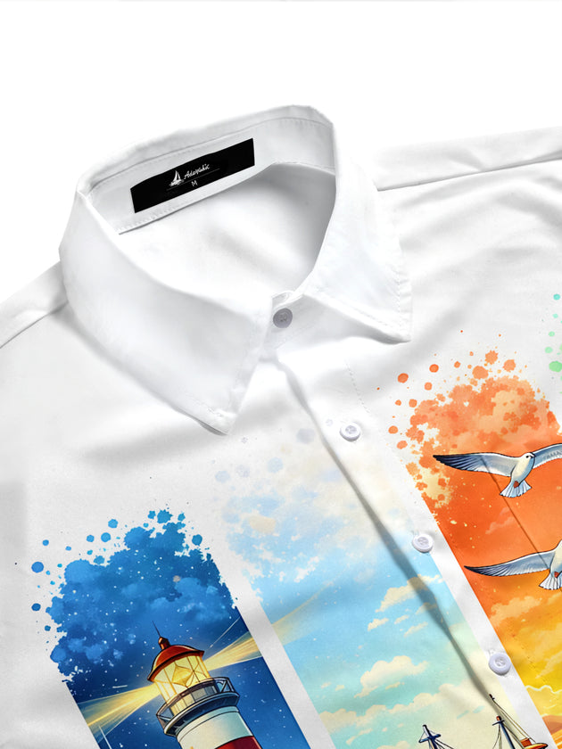 Men's tropical aloha shirt with ocean wave print, side view showing short sleeves and pocket detail