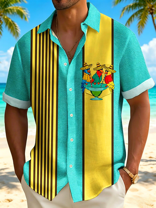 Men's short sleeve Hawaiian parrot shirt front view for tropical beach vacation