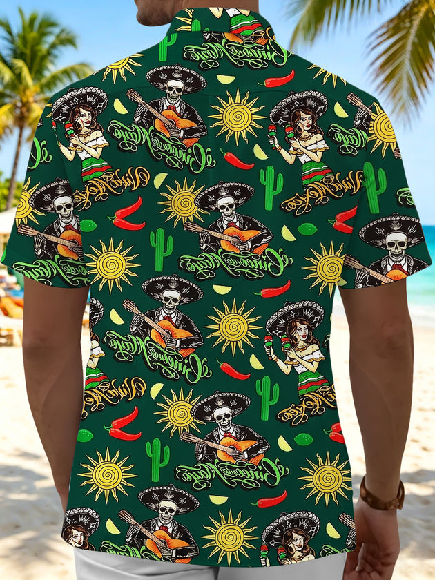 Men's skull print Hawaiian short sleeve shirt back view