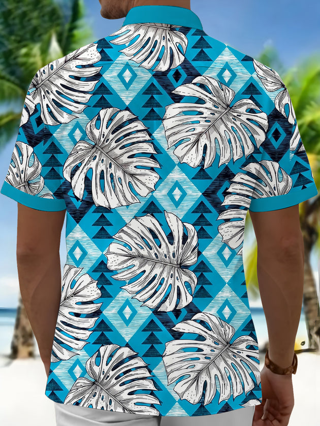 Men's blue monstera Hawaiian leaves geometry pocket short sleeve shirt back view