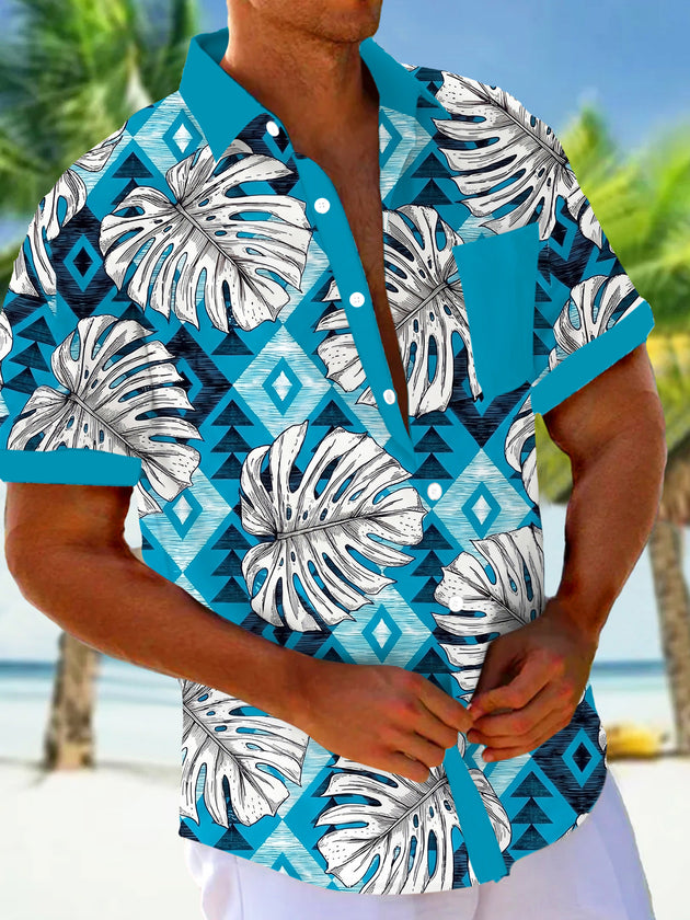 Men's blue Hawaiian leaf print short sleeve shirt front view for tropical beach vacation