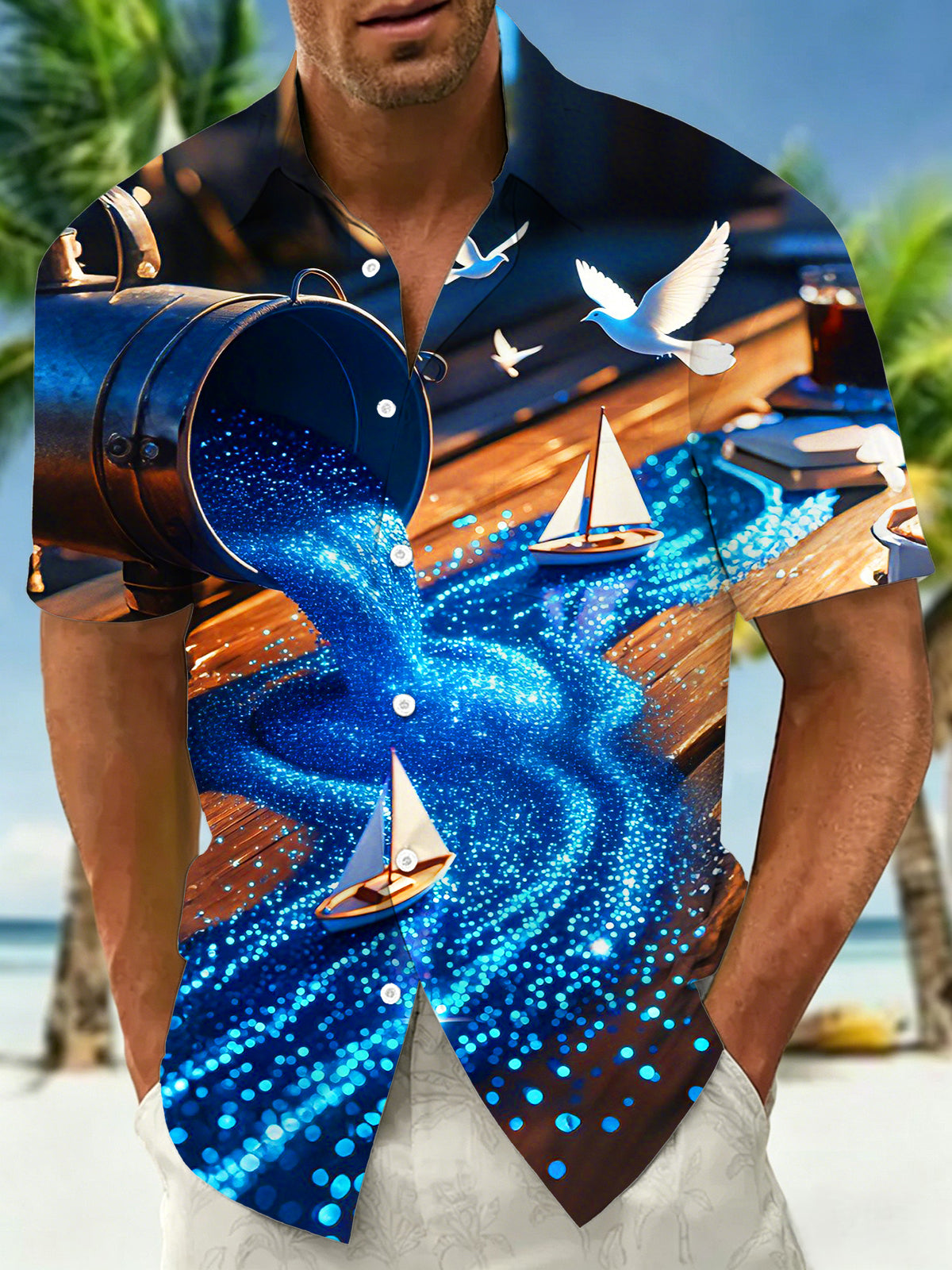 Men's abstract print short sleeve Hawaiian shirt front view for tropical beach vacation