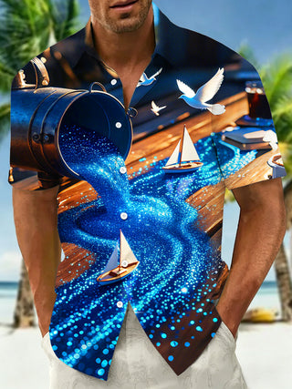 Men's abstract print short sleeve Hawaiian shirt front view for tropical beach vacation