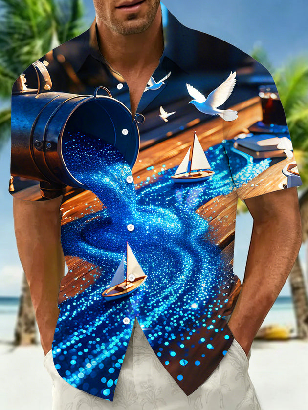 Men's abstract print short sleeve Hawaiian shirt front view for tropical beach vacation