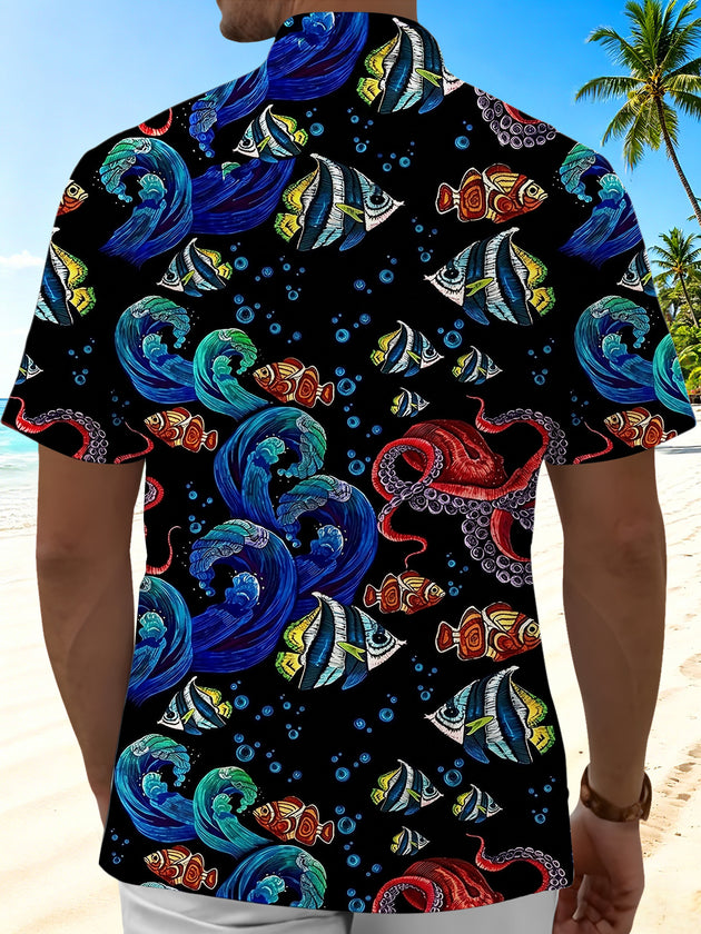 Men's colorful fish print Hawaiian short sleeve shirt back view