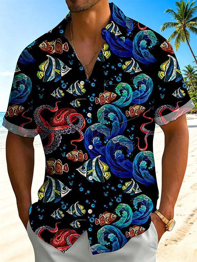 Men's colorful Hawaiian ocean fish print short sleeve shirt front view tropical beach vacation