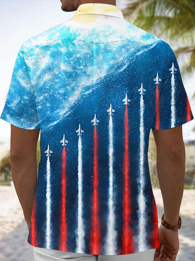 Men's blue American flag ocean print short sleeve shirt back view