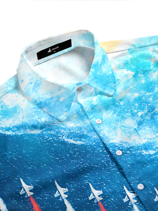 Men's patriotic wave print short sleeve shirt side view