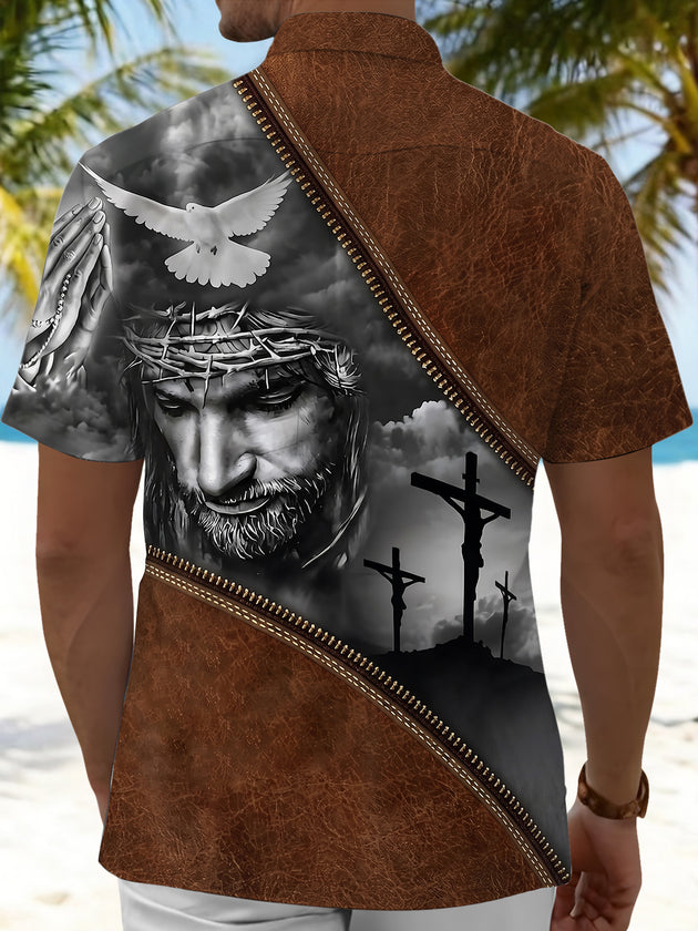 Men's Christian Jesus print pocket short sleeve shirt back view