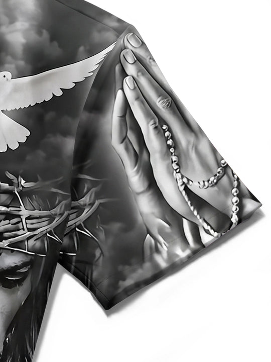Men's Christian Jesus print short sleeve shirt close-up detail view
