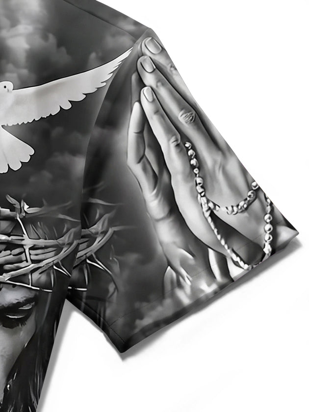 Men's Christian Jesus print short sleeve shirt close-up detail view