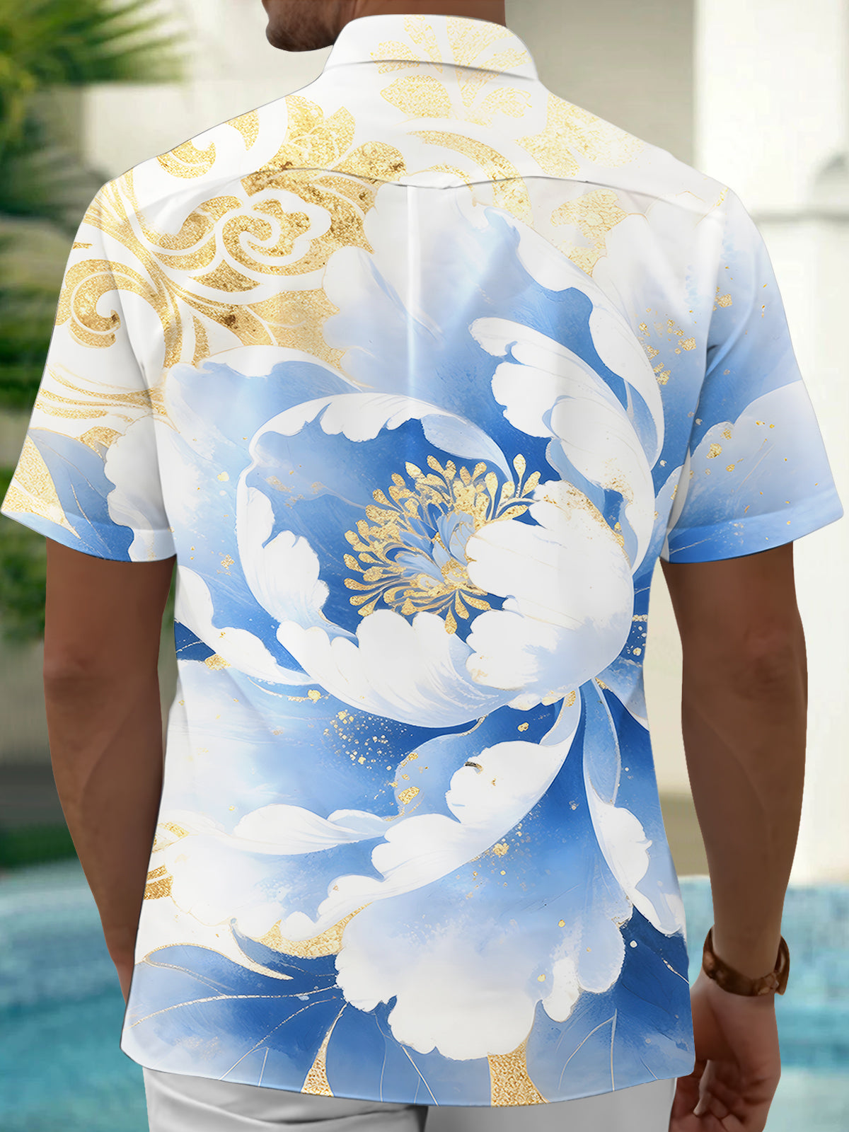 Men's blue floral short sleeve shirt back view