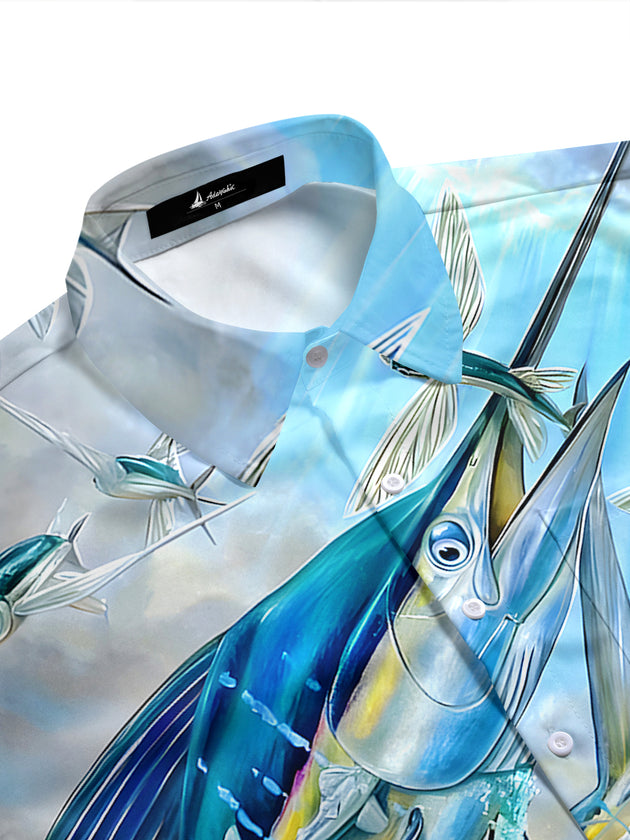Men's aloha nautical fish print short sleeve shirt side view