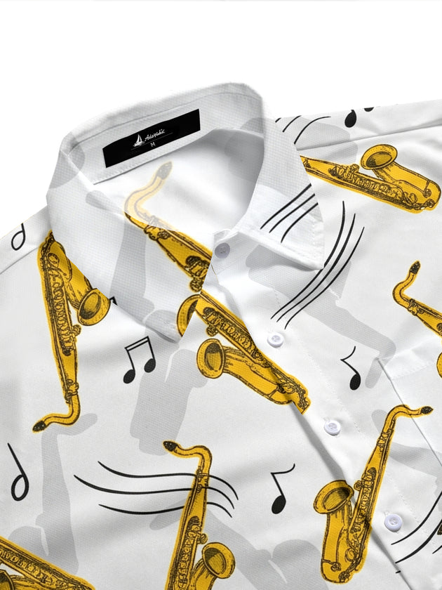 men's guitar print shirt side view