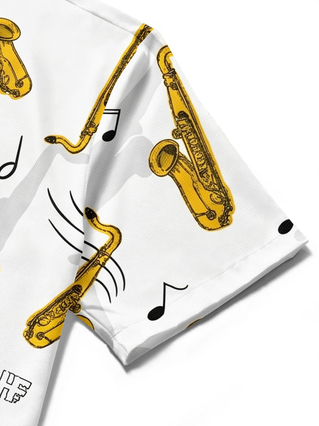 men's music print shirt close-up short sleeve
