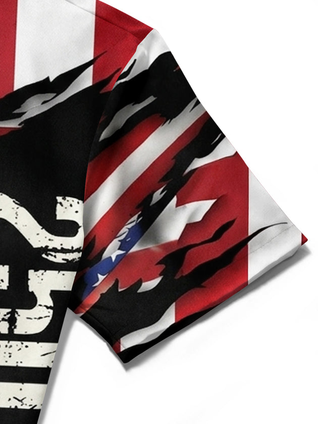 Men's American flag print short sleeve shirt close-up detail view