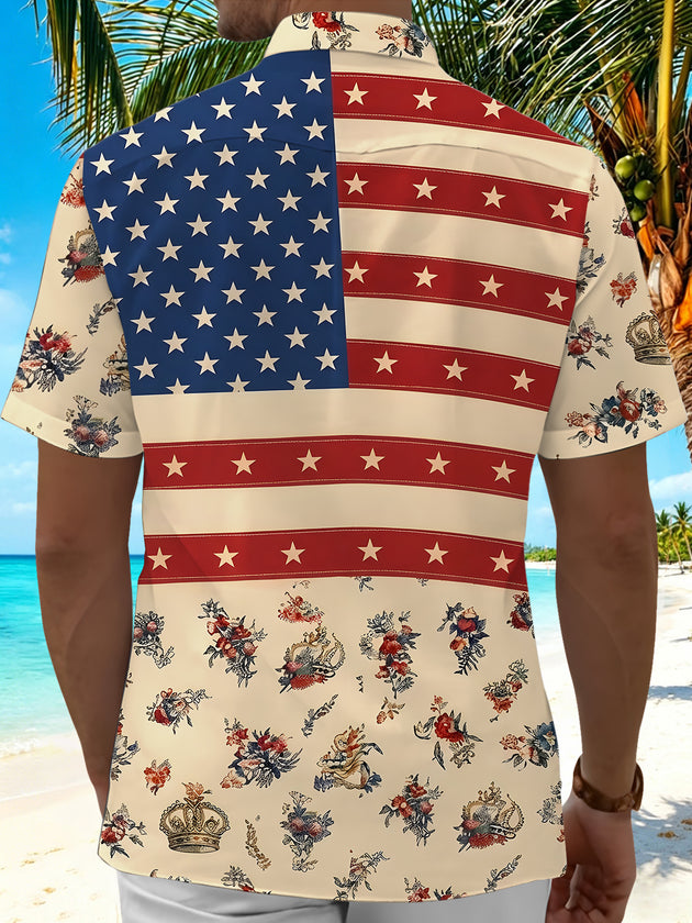 Men's retro floral star stripes back view short sleeve shirt