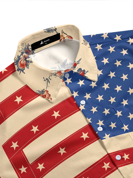 Men's retro style botanical print short sleeve shirt side view