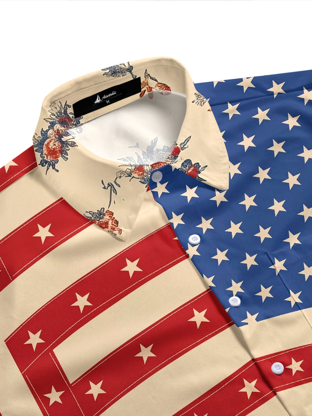 Men's retro style botanical print short sleeve shirt side view