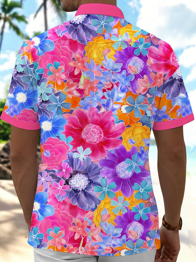 Men's colorful tropical Hawaiian floral pocket short sleeve shirt back view