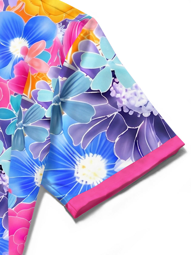 Men's colorful Hawaiian floral short sleeve shirt close-up detail view