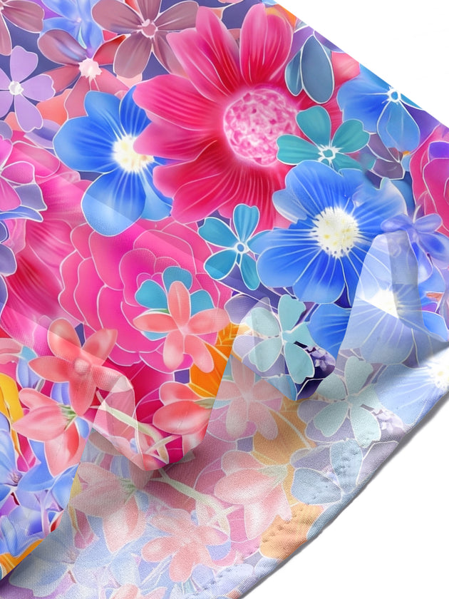 Men's colorful Hawaiian floral pocket short sleeve shirt lifestyle shot on tropical beach vacation