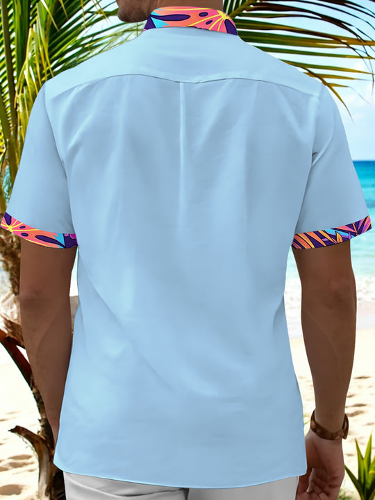 Men's blue Hawaiian tropical floral leaves pocket short sleeve shirt back view