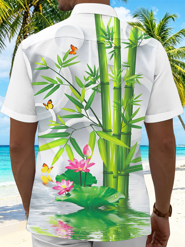 Men's short sleeve shirt back view with bamboo lotus butterfly pattern
