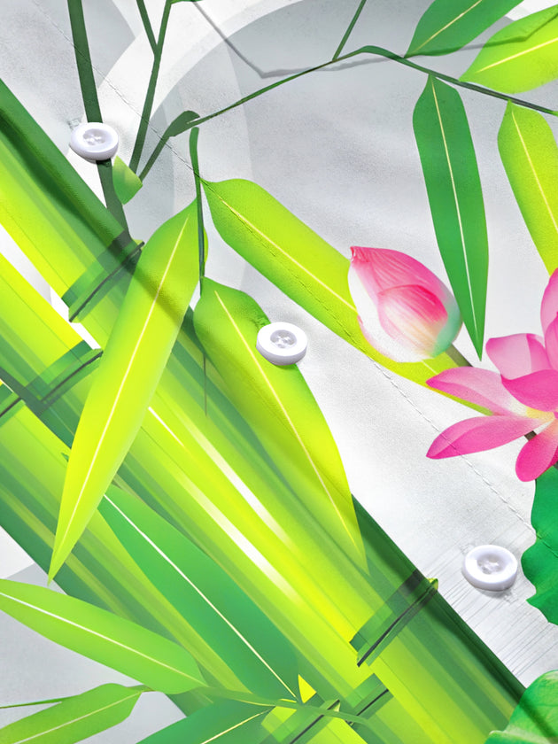 Men's 3D bamboo lotus butterfly pattern short sleeve shirt flat lay